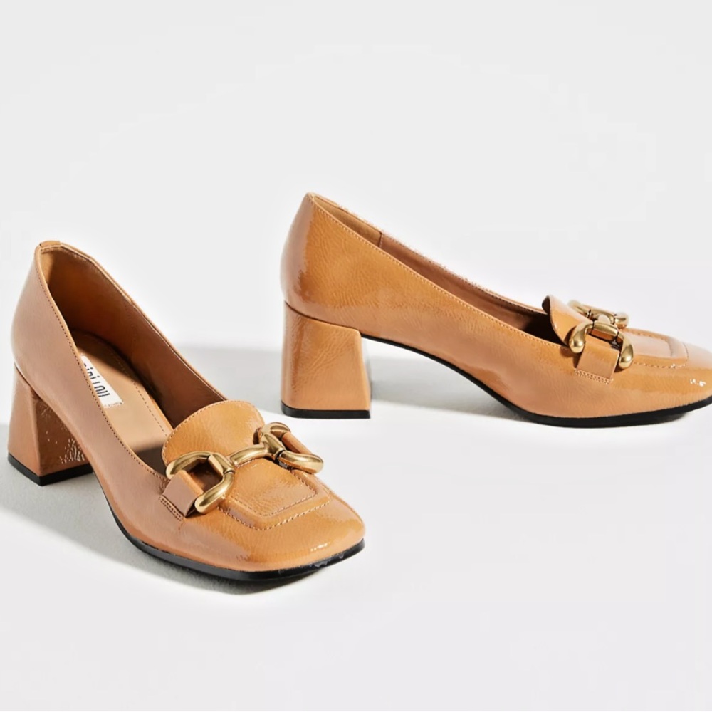 Anthropologie Tan Patent Leather Block Heel Loafers with Gold Hardware